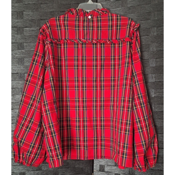 J. Crew | Women's Red Tartan Plaid Ruffle Neck Blouson Sleeve Top - Picture 5 of 16